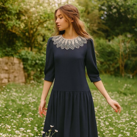 Vintage 80s KAthy J Cottage Core CoastalNavy Blue Drop Waist Dress M - Picture 1 of 8